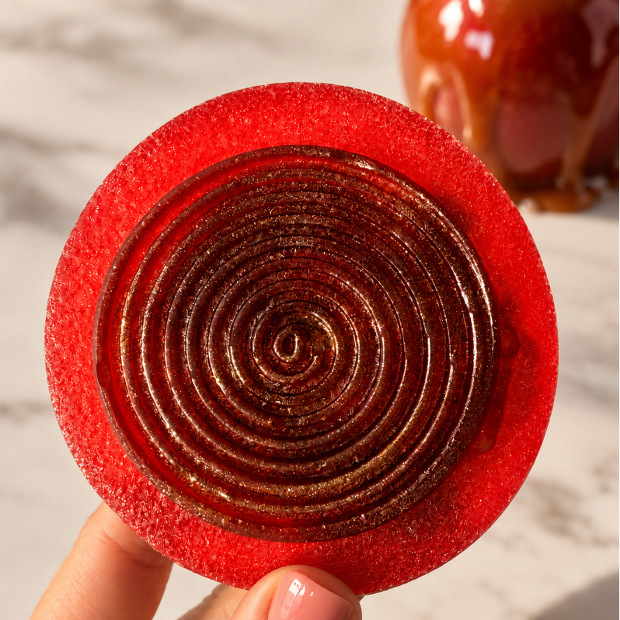 A close-up of a hand holding a circular red candy with a spiral caramel center, with a blurred caramel apple in the background on a light marble surface.