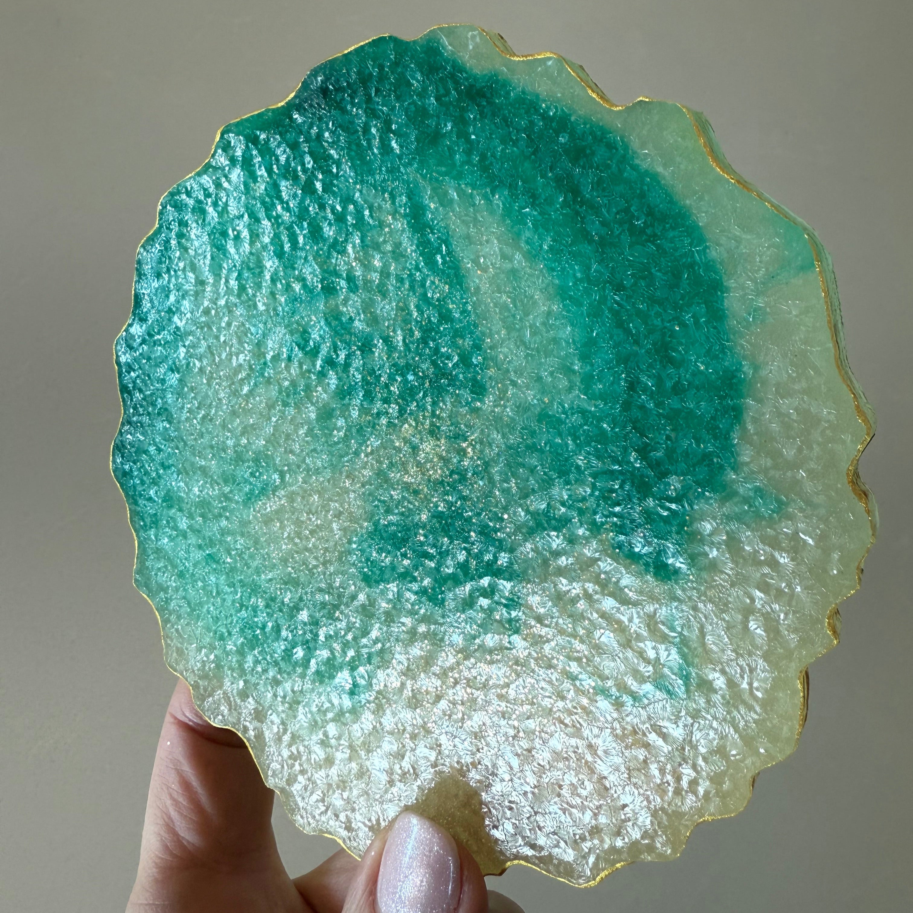 Handmade edible geode crystal candy slices with edible gold leaf – artisanal Japanese kohakutou in assorted flavors and colors