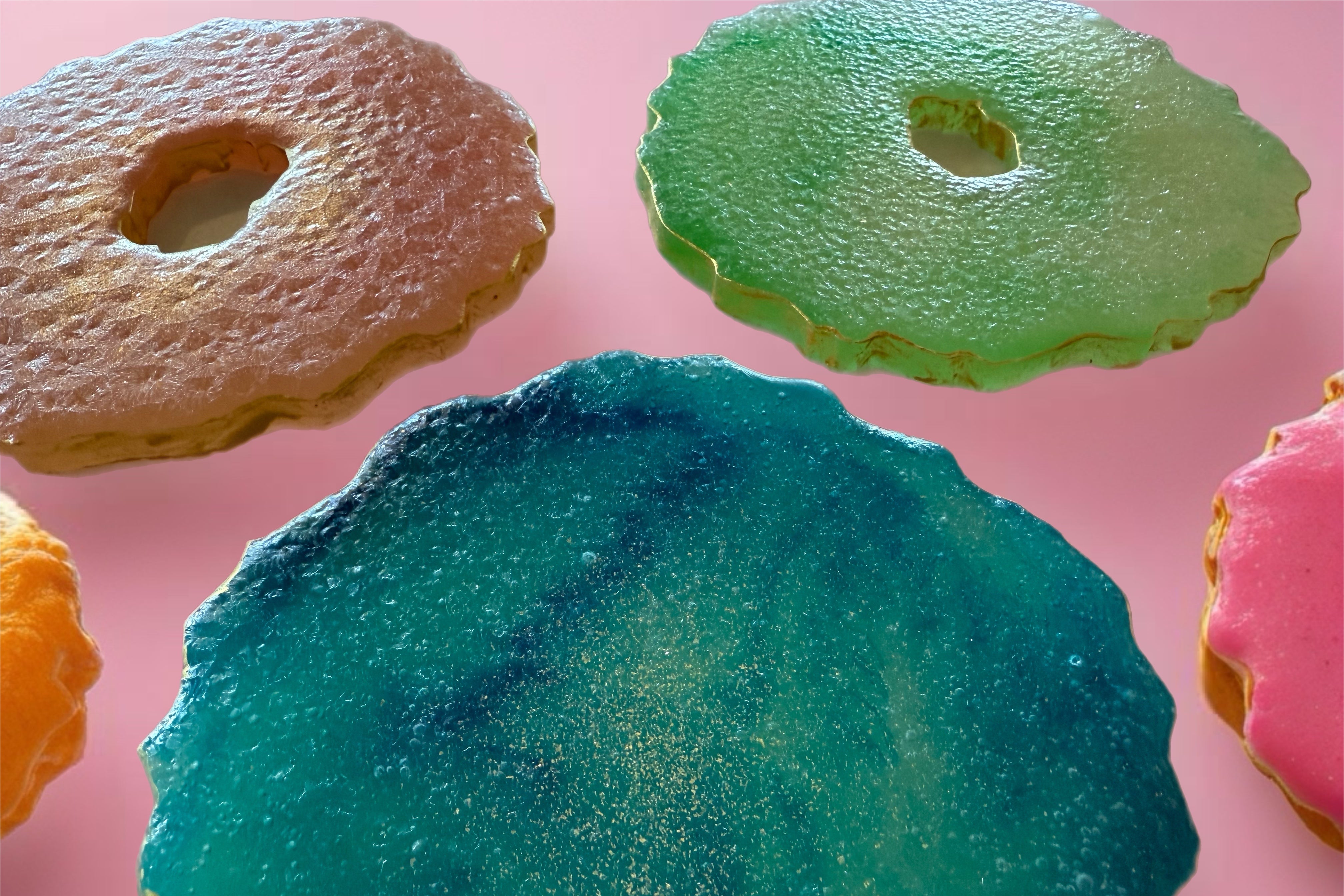 Handmade edible geode crystal candy slices with edible gold leaf – artisanal Japanese kohakutou in assorted flavors and colors