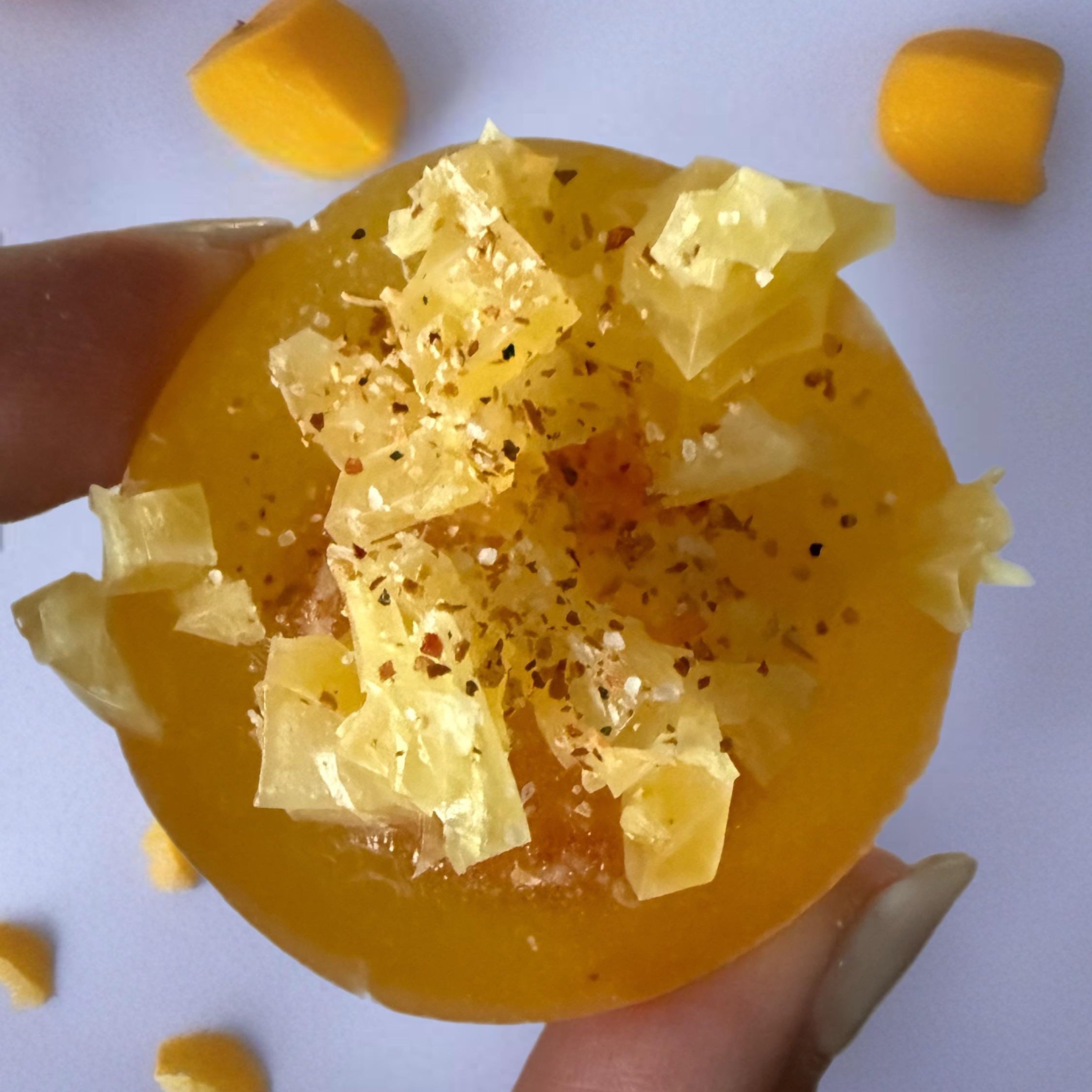 Crystal candy filled with fruity Tajin watermelon or mango gummies, chili lime candy, spicy sweet, bold flavor, gluten-free kohakutou